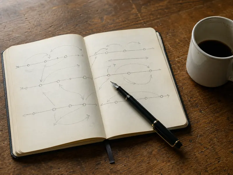 Notizbuch, Kaffee und Kamera auf einem Tisch