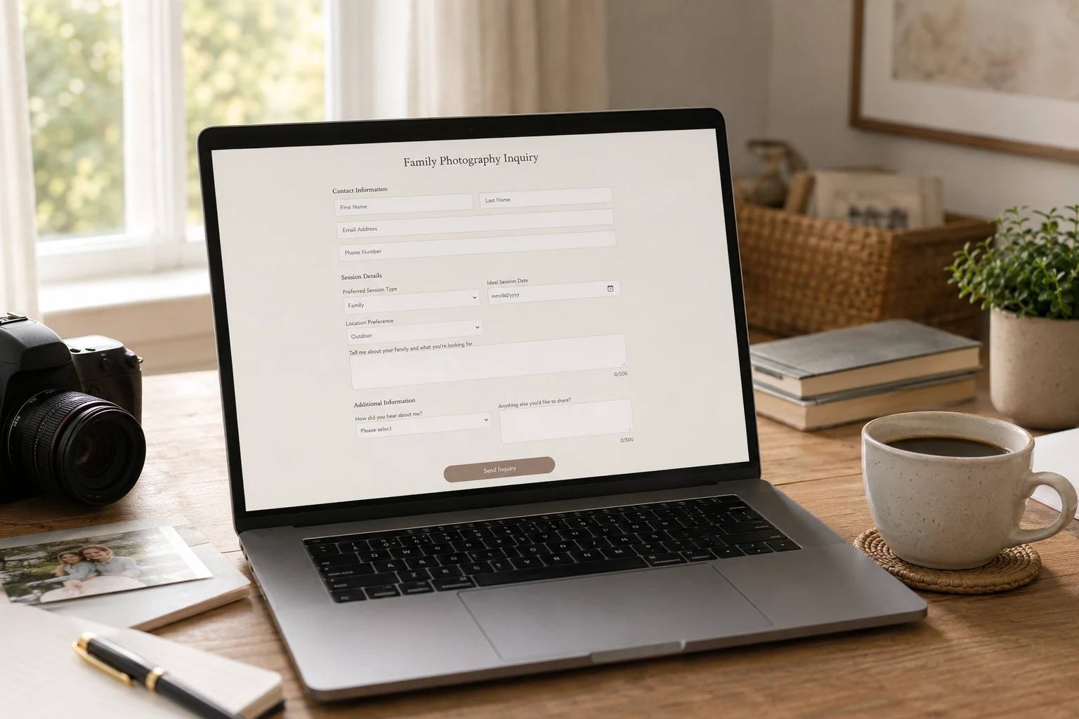 Laptop mit Anfrageformular für ein Familienshooting und Kaffee im Morgenlicht
