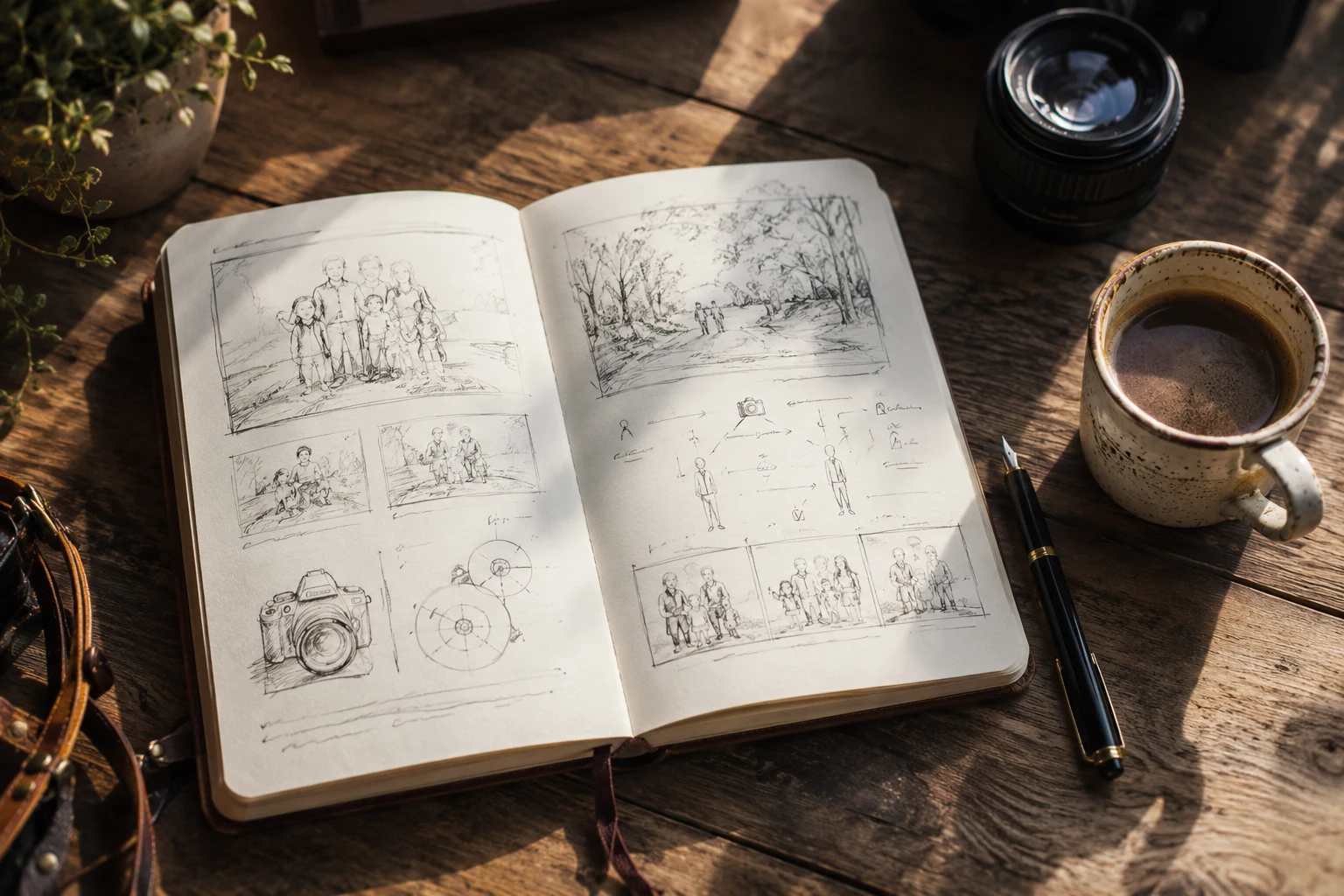 Aufgeschlagenes Notizbuch mit Shooting-Ablauf und Kaffeetasse im Morgenlicht