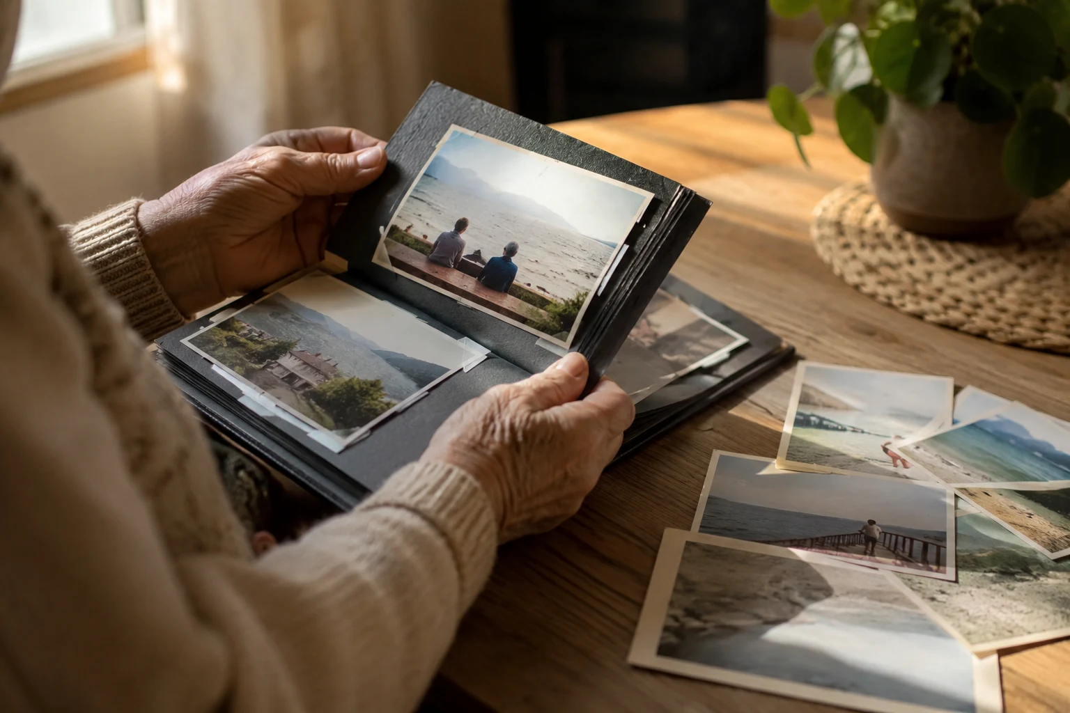 Ältere Hände blättern im warmen Nachmittagslicht in einem Familienalbum