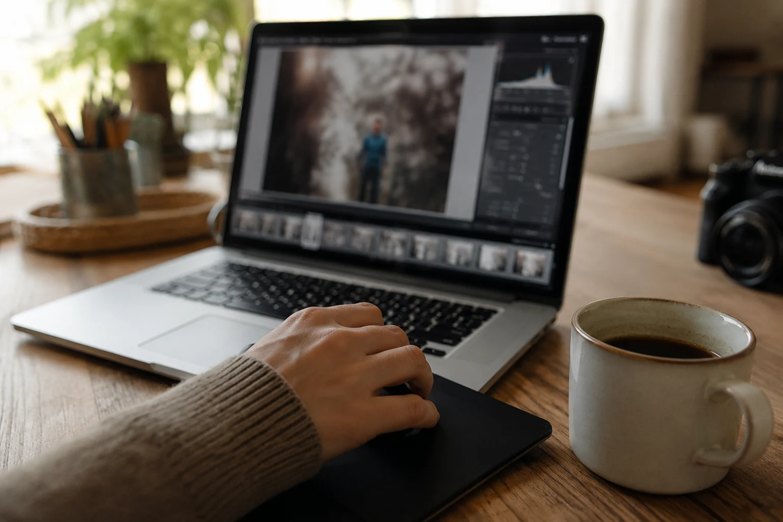 Bildbearbeitung eines Familienshootings am Laptop mit Kaffee im warmen Arbeitslicht