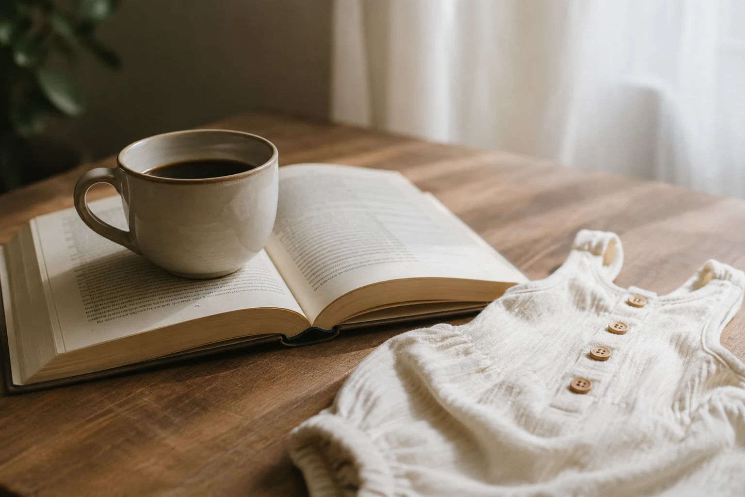 Kaffeetasse auf einem Buch mit Babystrampler im weichen Tageslicht