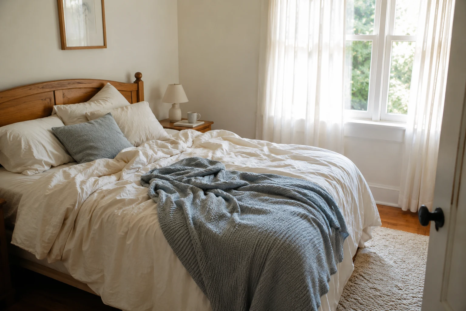 Schlafzimmer mit weichem Morgenlicht, weißer Bettwäsche und Gardinen als natürliches Shooting-Licht