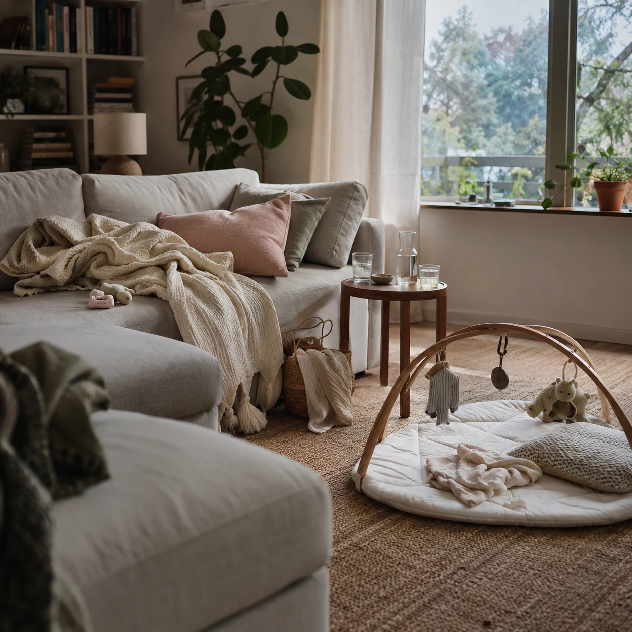 Liebevoll bewohntes Wohnzimmer mit Kuscheldecke, Wasserglas und Baby-Spielbogen vor dem Neugeborenen-Shooting